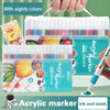 A set of acrylic markers with eighty colors is shown alongside a marker pen for painting on various surfaces.