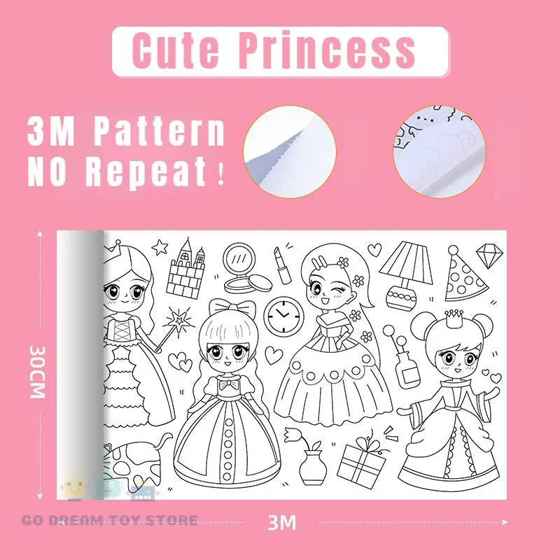 A line art drawing scroll featuring a Cute Princess theme with various characters and elements for kids DIY coloring.