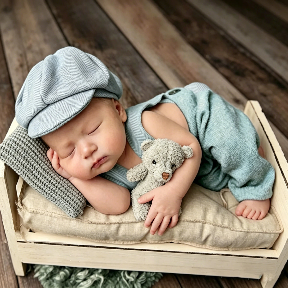 A newborn baby wearing a light blue knit romper and newsboy cap, sleeping in a wooden box on a wooden floor.