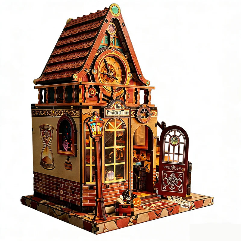 A detailed wooden miniature kit of a time pavilion dollhouse featuring brickwork, an ornate roof, and various decorative elem