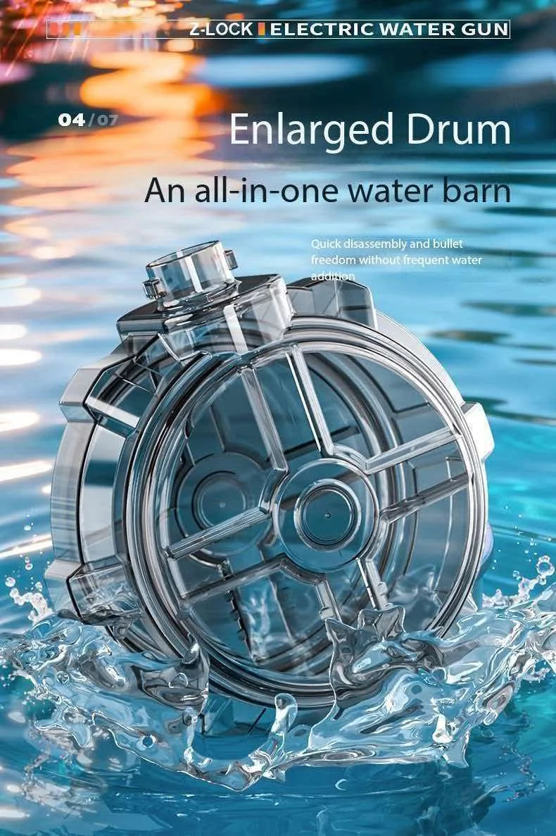 A clear, enlarged drum water gun is shown immersed in blue water.