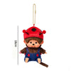 A red and brown plush toy resembling a character wearing a hat, attached to a gold chain.