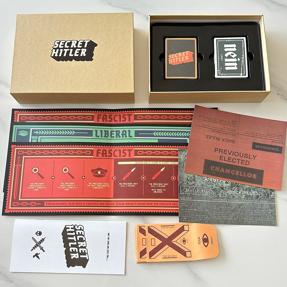 A collection of Secret Hitler card game components including a box, a game box, and various rule cards.