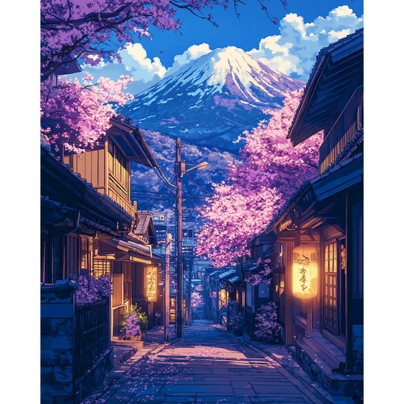 A vibrant painting of a purple landscape featuring cherry blossoms and a large mountain, displayed in an artistic style.