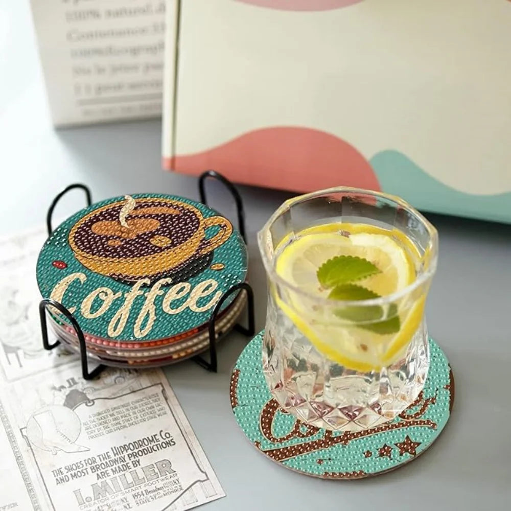 A set of eight DIY diamond art coasters with a holder and a glass coaster featuring a lemon slice.