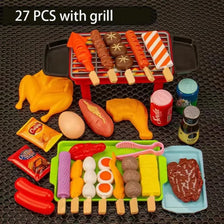 A set of 27 pieces of toy food, including meat, vegetables, and fruit, with a grill accessory.