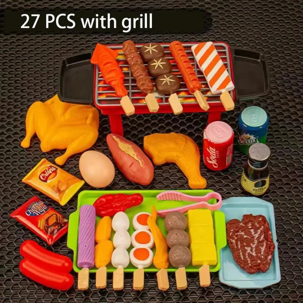 A set of 27 pieces of toy food, including meat, vegetables, and fruit, with a grill accessory.