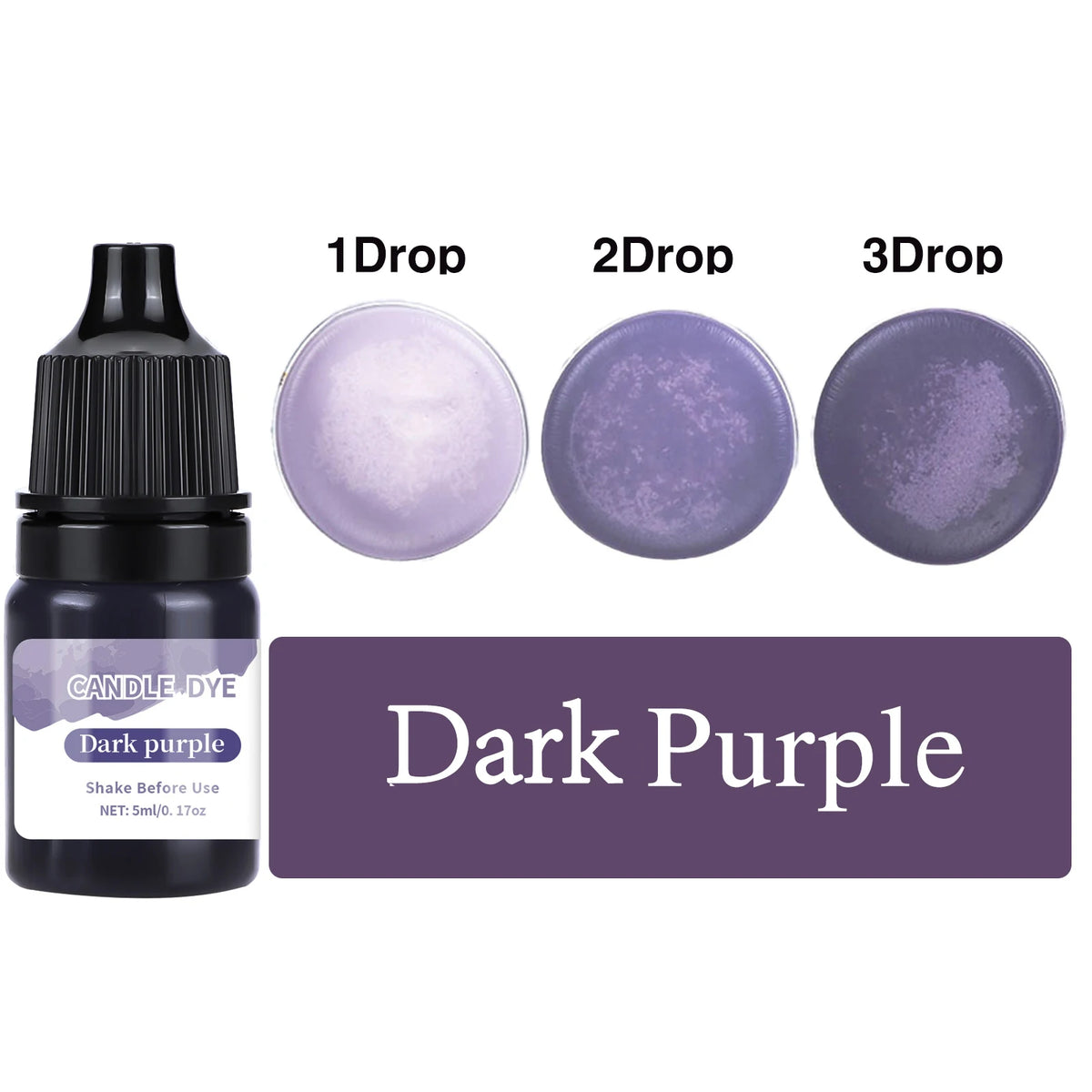 Dark purple liquid candle dye in dropper bottles showing 1, 2, and 3 drops of the colorant.