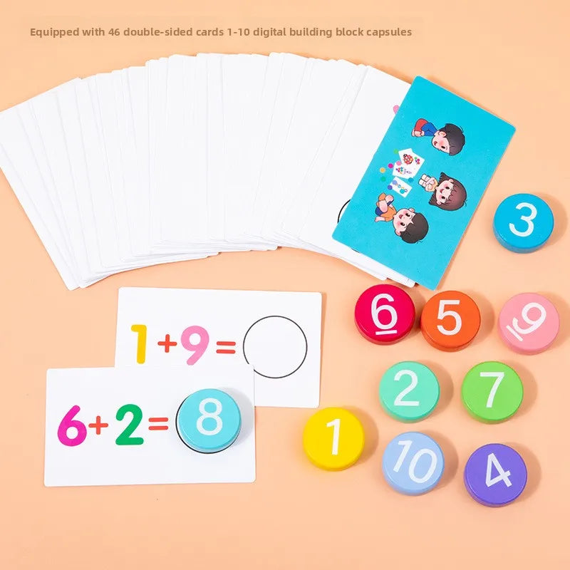 Fan of colorful digital math cards for addition and subtraction, including number cards and building block capsules.