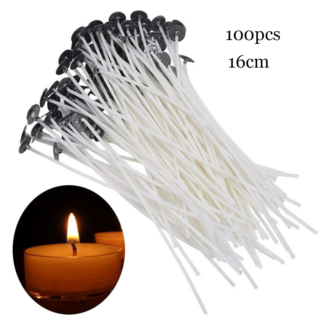 A bundle of 100 pre-waxed cotton candle wicks with metal sustainers, measuring 16cm long.