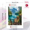 Diamond painting kit featuring a scenic mountain lake landscape with trees and a wooden walkway.