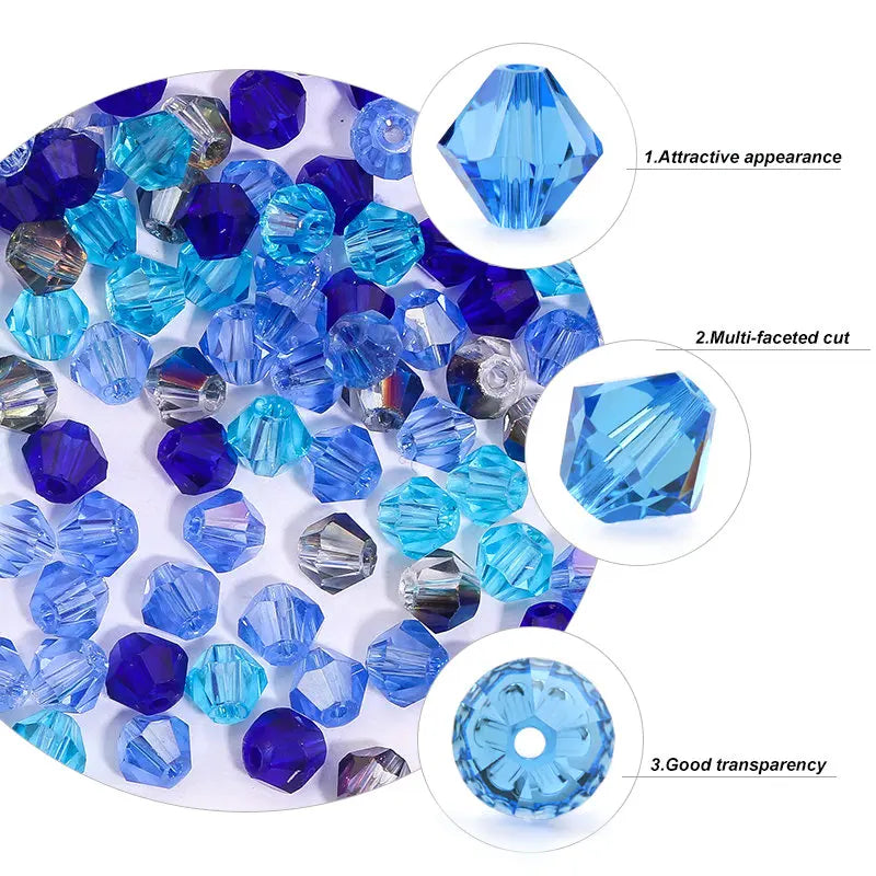 A collection of blue and purple faceted crystal glass beads showing attractive appearance, multi-faceted cut, and good transp