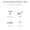 Diagram showing four ways to play with a toy car: Switch modes, double the fun, following mode, and avoid mode.