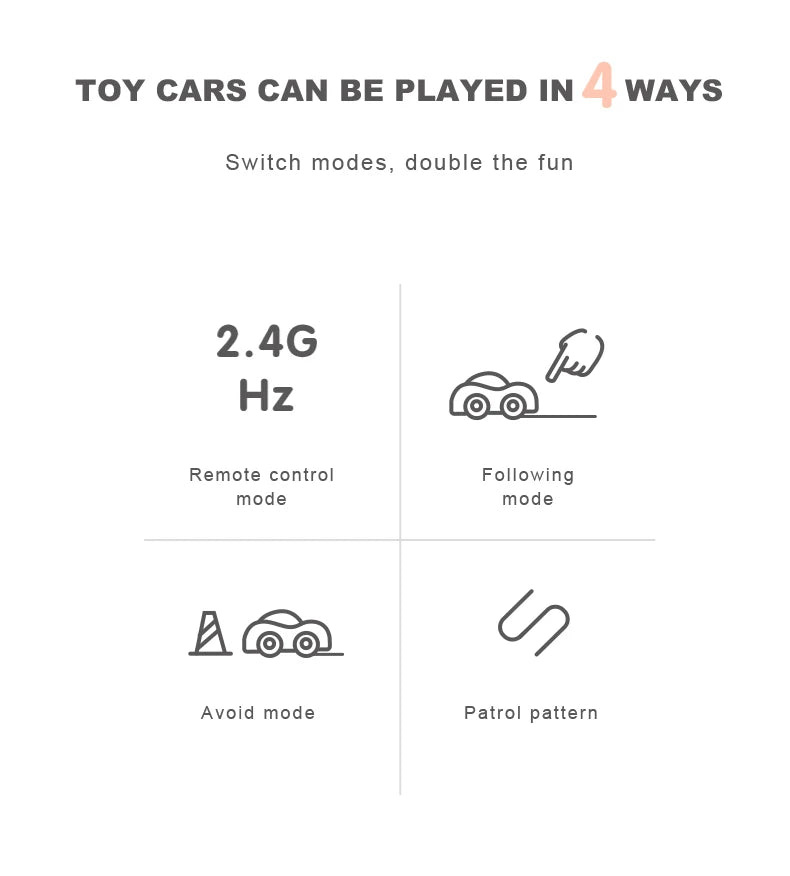 Diagram showing four ways to play with a toy car: Switch modes, double the fun, following mode, and avoid mode.