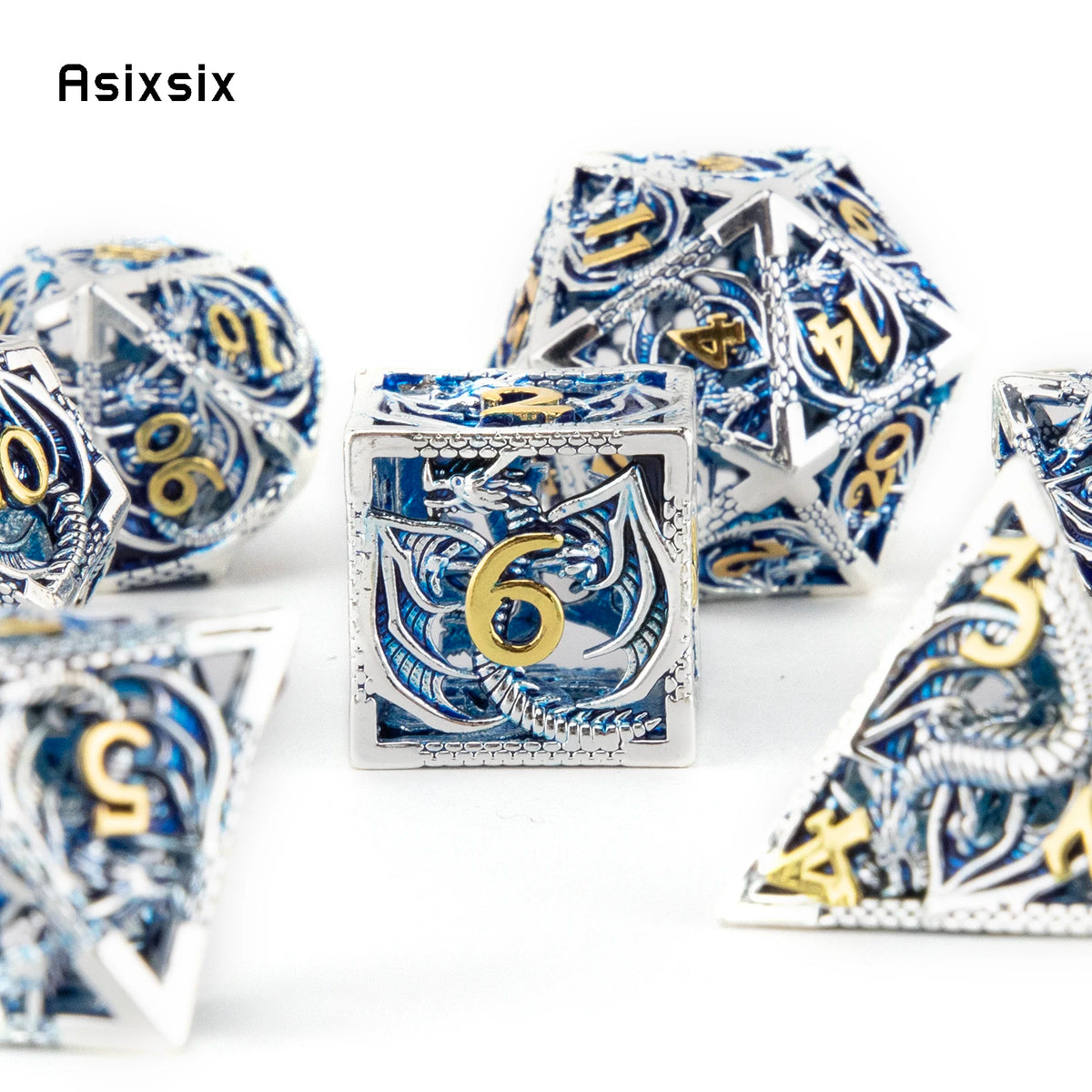 Hollow Metal Polyhedral Dice Set with Blue Dragon Design