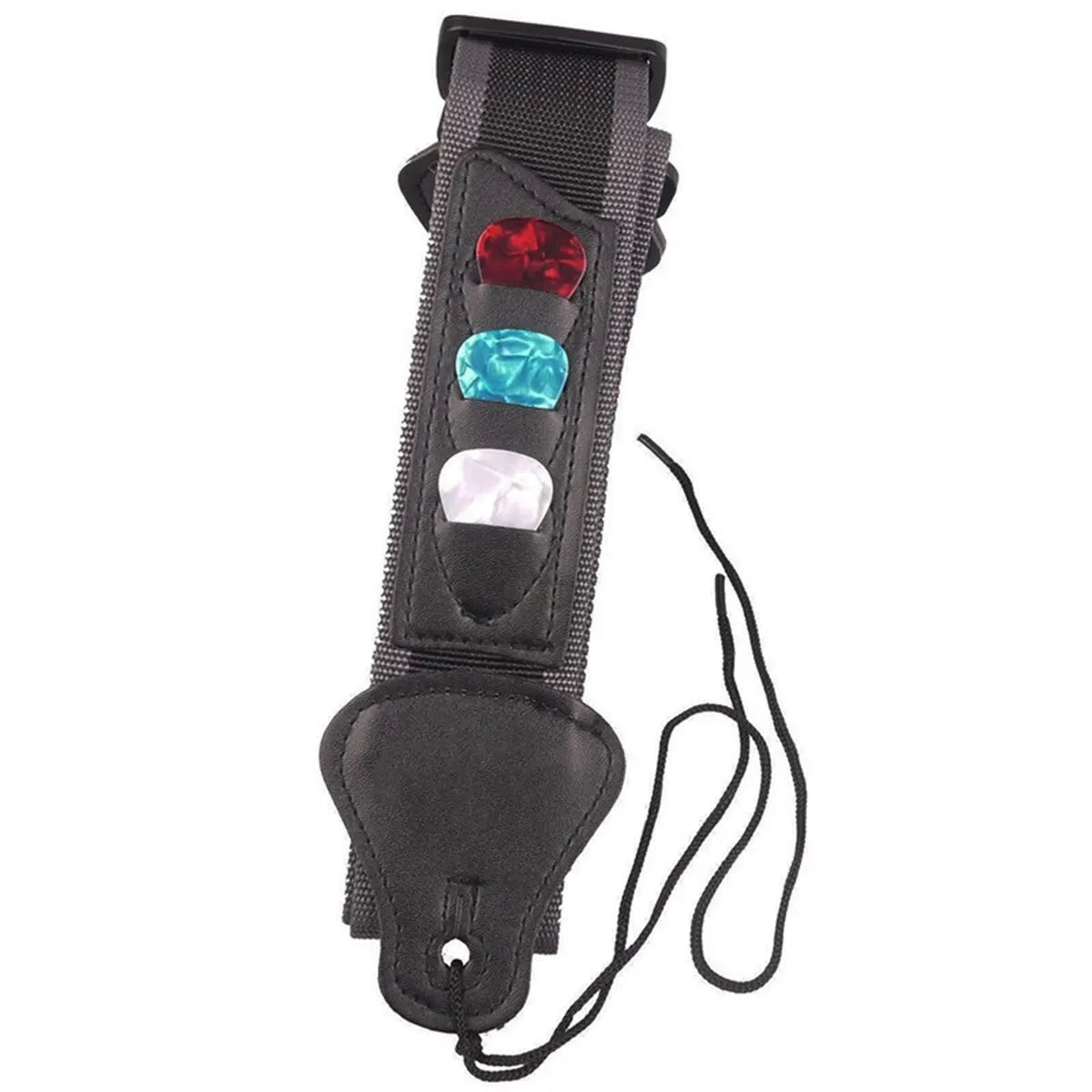 Black adjustable guitar strap with three pick holders for acoustic and electric guitars