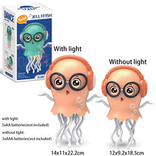 A pair of pink jellyfish toys with light and music features, shown next to a box and without lights.