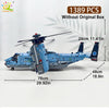 A blue V-22 Osprey military aircraft building block model set with propellers displayed on a white background.