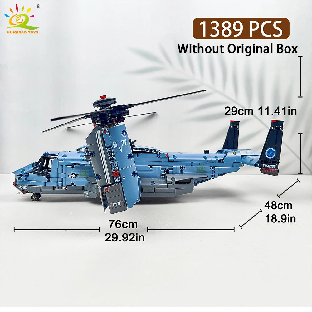 A blue V-22 Osprey military aircraft building block model set with propellers displayed on a white background.