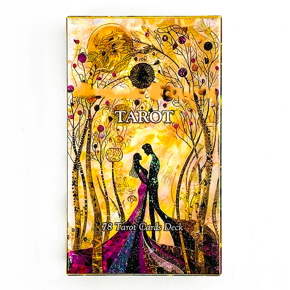An illuminated tarot card deck featuring golden and yellow tones with figures in a forest setting.
