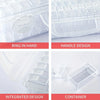 Various views of a clear multi-compartment plastic storage organizer with ring, handle design, integrated features, and conta