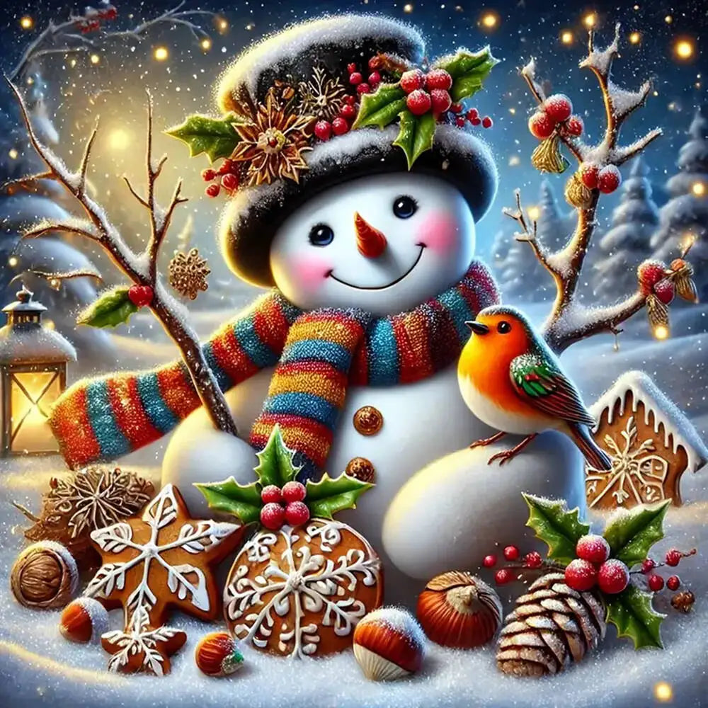 A festive 5D diamond painting kit featuring a snowman and Christmas tree surrounded by winter elements.