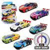 A collection of temperature-sensitive color changing pull-back racing cars in various colors and models.