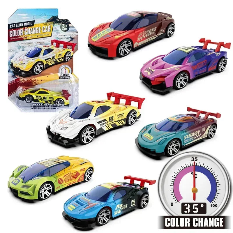 A collection of temperature-sensitive color changing pull-back racing cars in various colors and models.