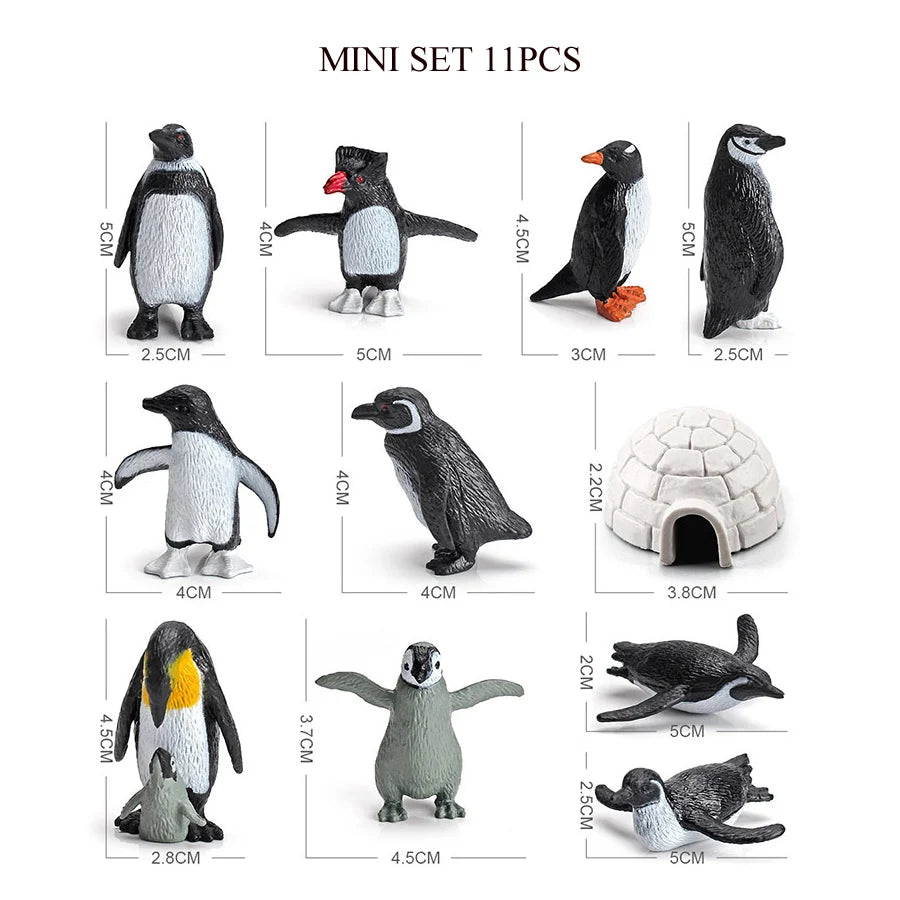 A mini set of 11 realistic ocean animal figurines including a whale, shark, dolphin, turtle, and penguin.