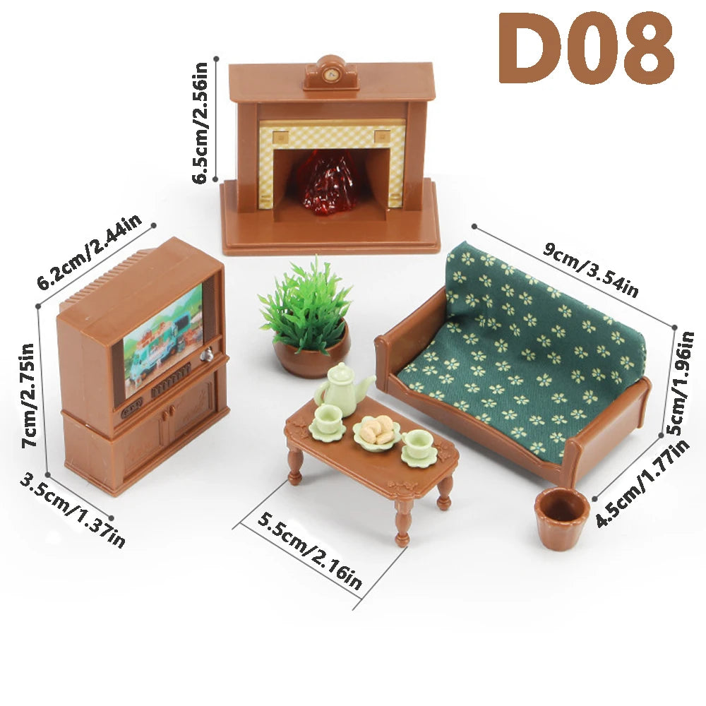 A brown 1:12 scale dollhouse furniture set featuring an fireplace, a wooden cabinet, and a green upholstered sofa.