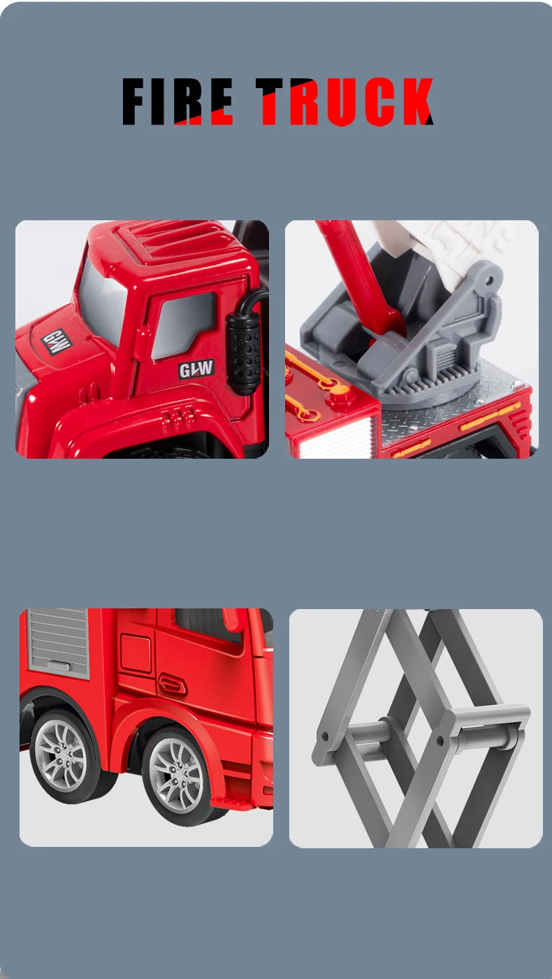A red die-cast fire truck model featuring a ladder truck and water cannon components.