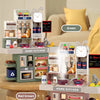 A simulated kitchen play set featuring various food items and accessories in green and red brown colors.