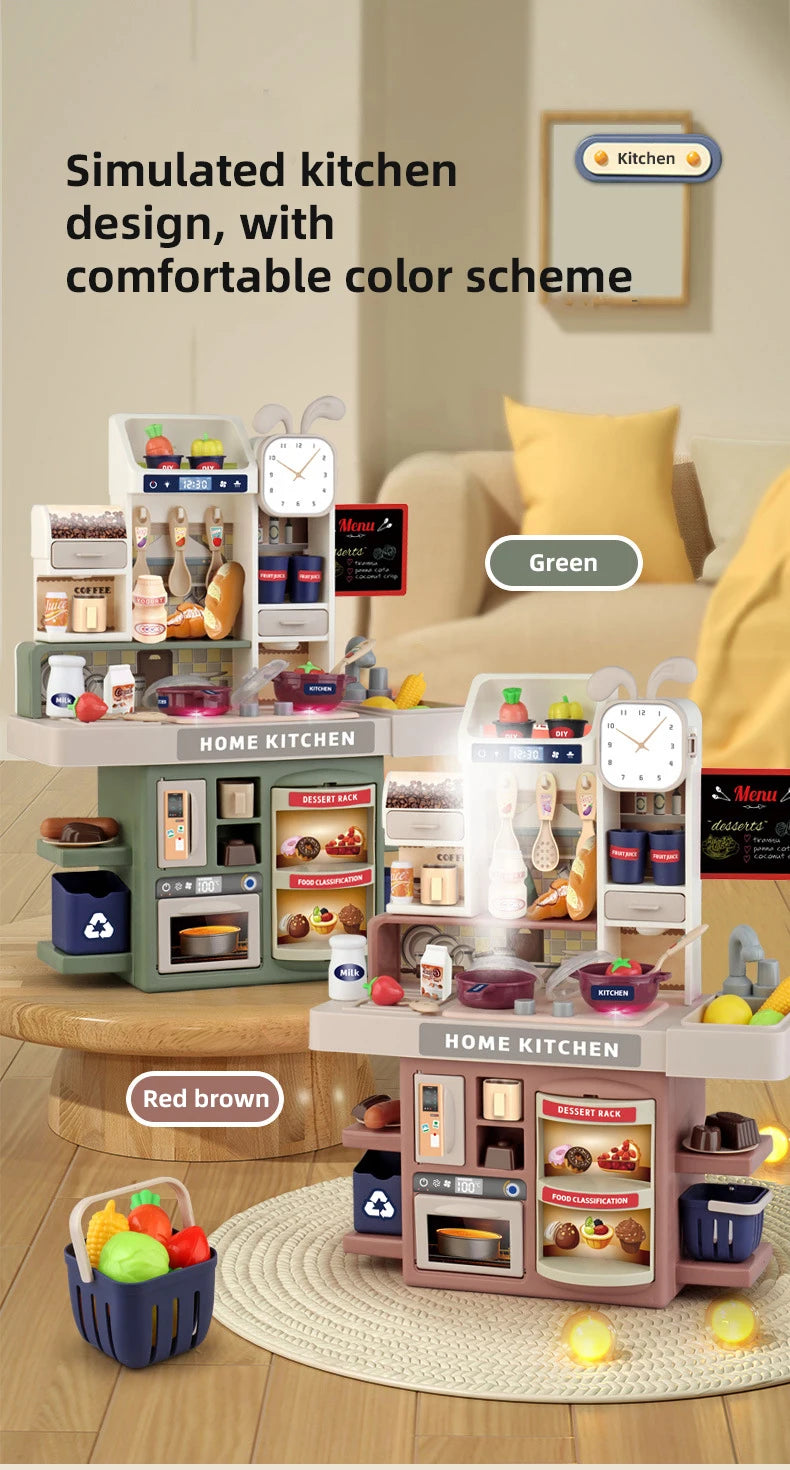 A simulated kitchen play set featuring various food items and accessories in green and red brown colors.
