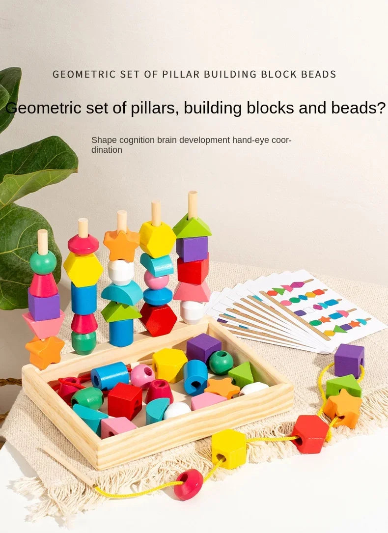 A geometric set of wooden building blocks and beads in various colors and shapes laid out on a light fabric.