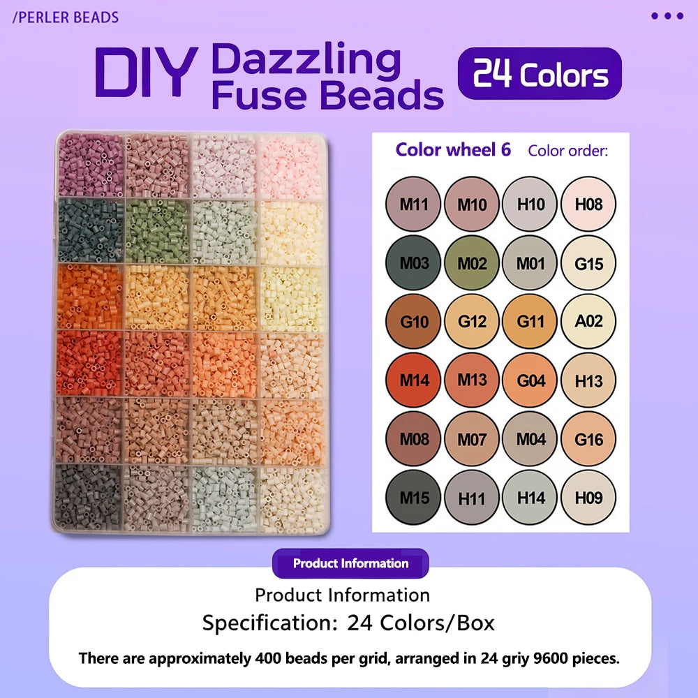 A grid of 24 colored fuse beads for DIY craft projects, showing various shades and color order information.