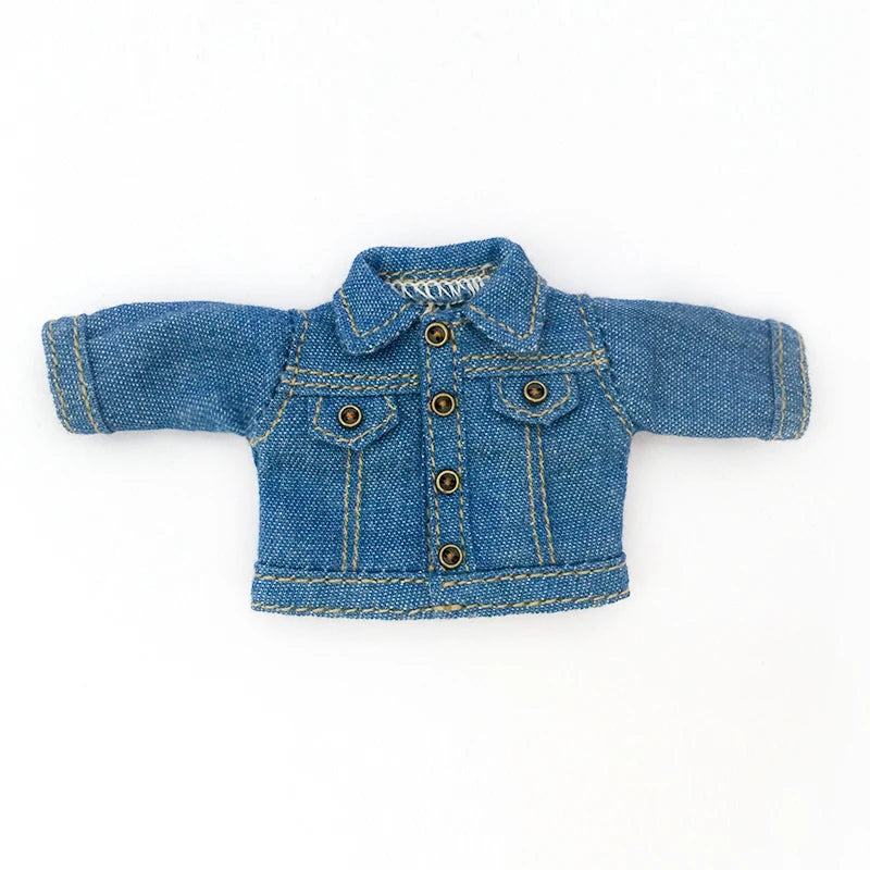 A blue denim jacket for 1/12 scale dolls with a collar and button closure.