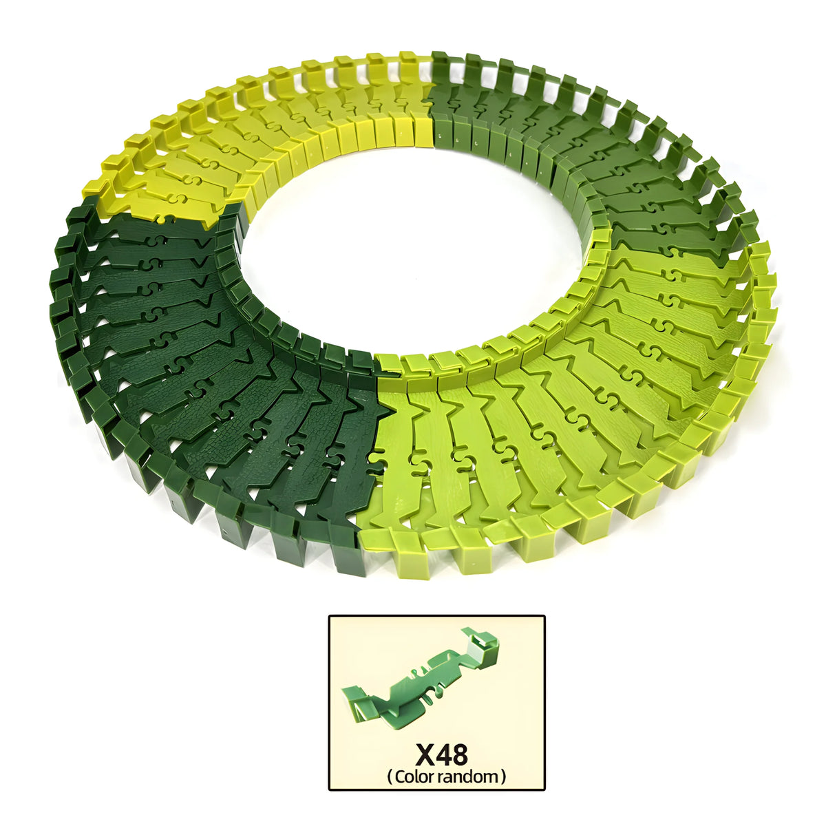 A circular puzzle made of green and yellow interlocking pieces shaped like a race track