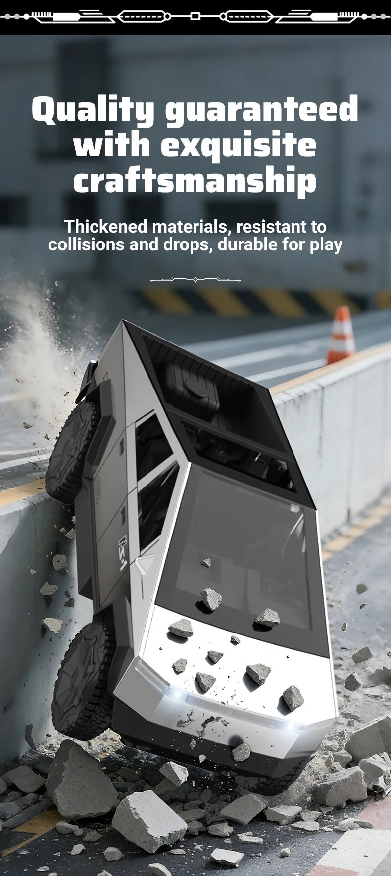 A silver and black high-speed off-road RC cyber truck is shown driving over rough terrain.