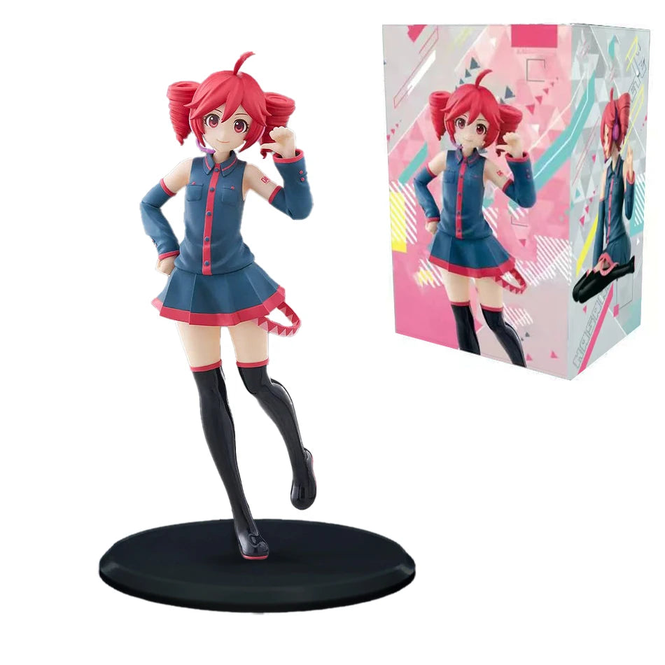 A PVC figure of Hatsune Miku in a blue outfit with red accents, standing on a black base.