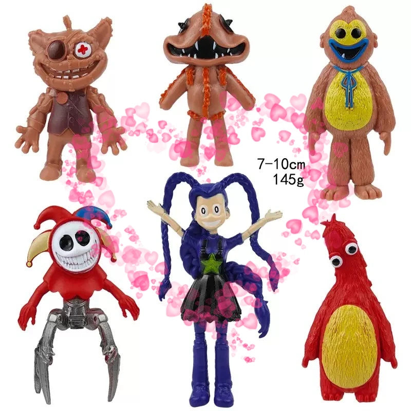 A set of collectible figures featuring characters from Poppy Playtime including a brown monster, an orange creature, and a pu