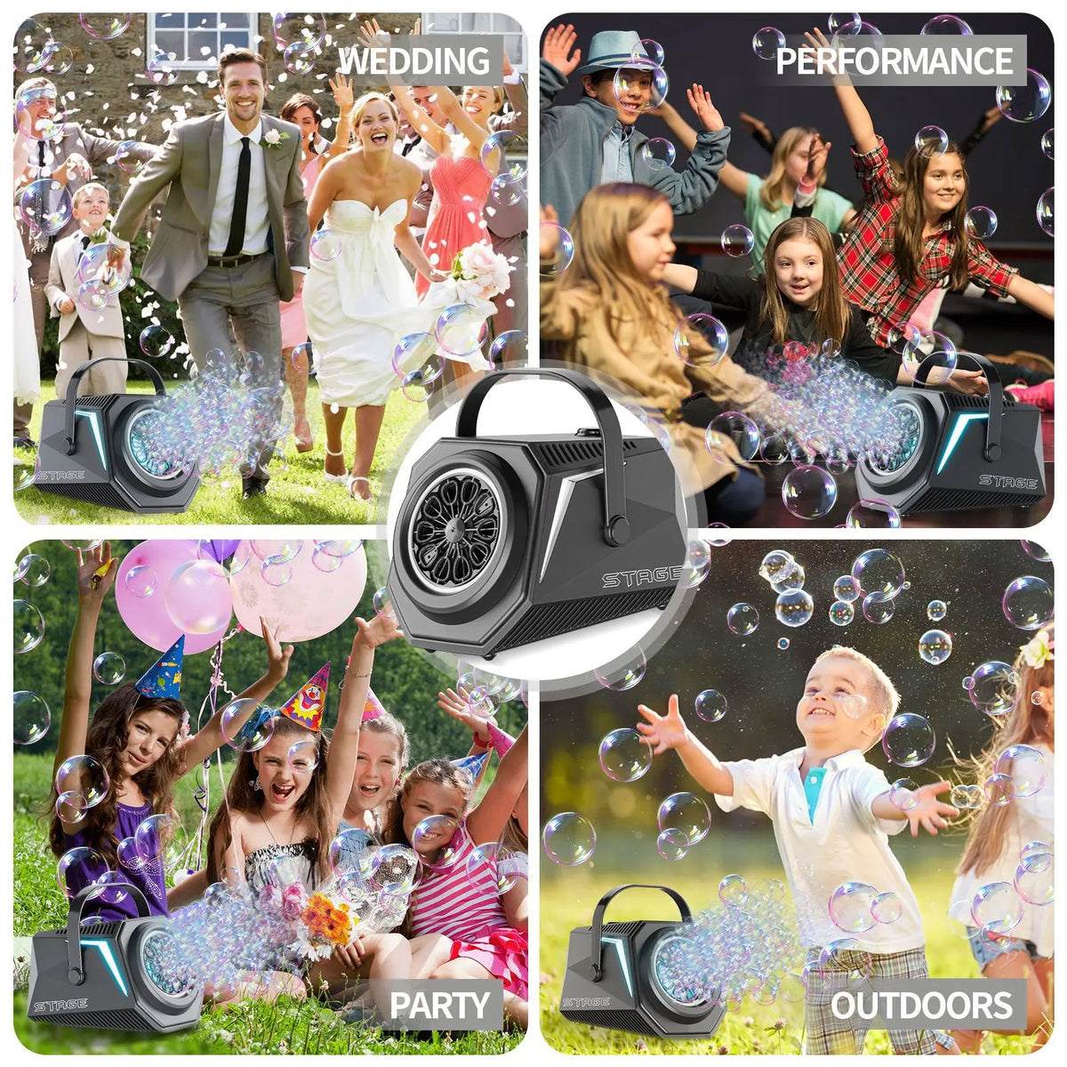 A rechargeable bubble machine is shown in various contexts including wedding, performance, party, and outdoors.