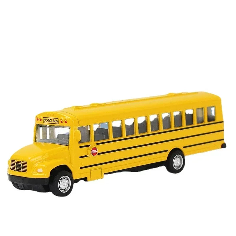 Yellow diecast 1:64 pull-back city bus toy with black trim and windows