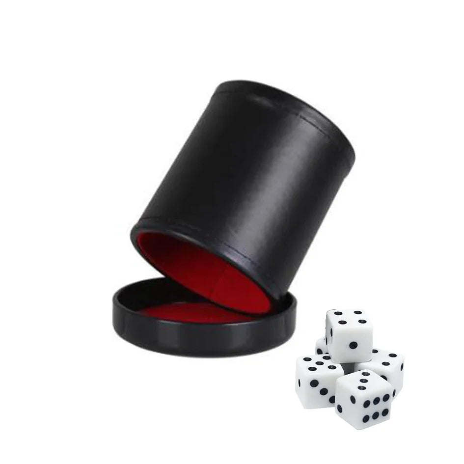Black leather dice cup with lining and five dice for games