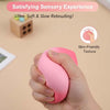 A hand is squeezing a pink, peach-shaped sensory toy designed for stress relief.