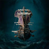 A detailed steampunk pirate ship model kit with ornate sails floating above dark, turbulent water.
