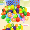 A colorful pretend play cutting food toy set with various fruits and vegetables in a blue basket.