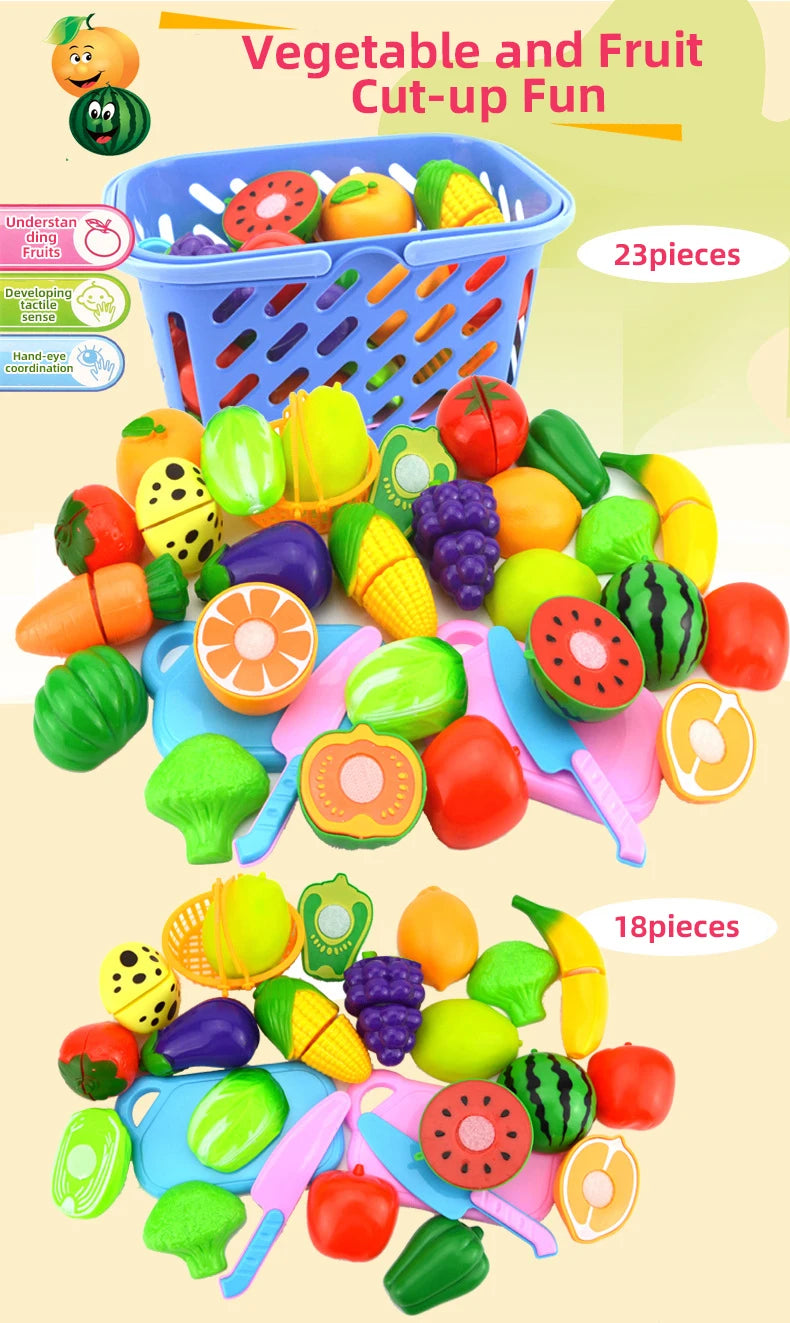 A colorful pretend play cutting food toy set with various fruits and vegetables in a blue basket.