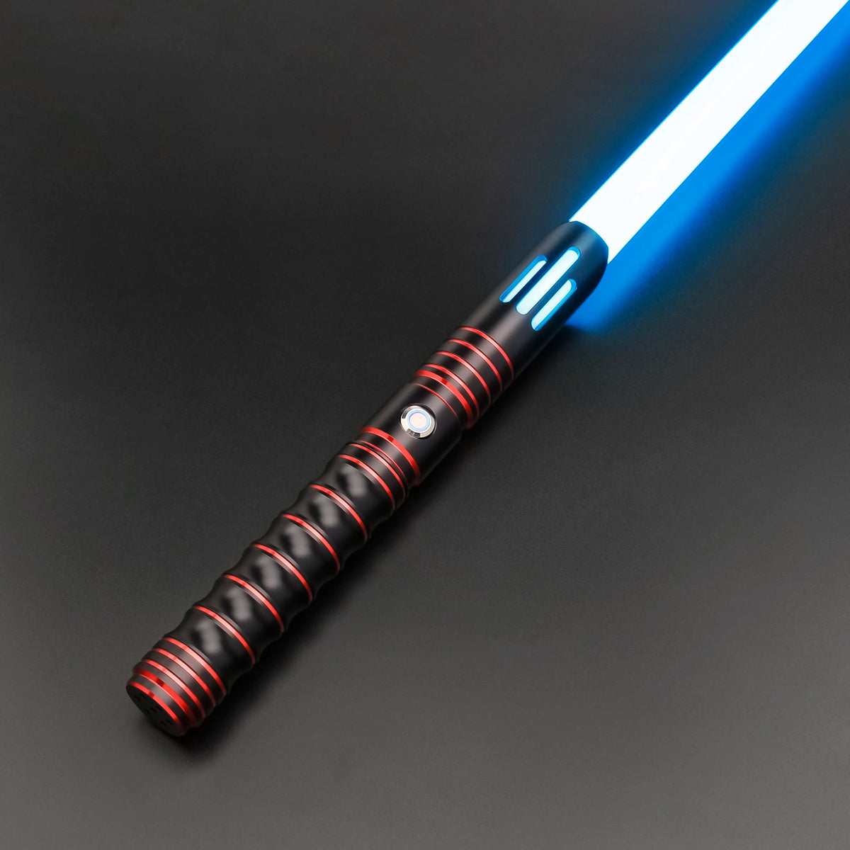 A premium metal lightsaber with a glowing blue blade and black grip is shown against a dark background.