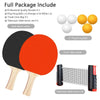 A full package of table tennis includes two paddles, six ping pong balls, and a telescopic table tennis net.
