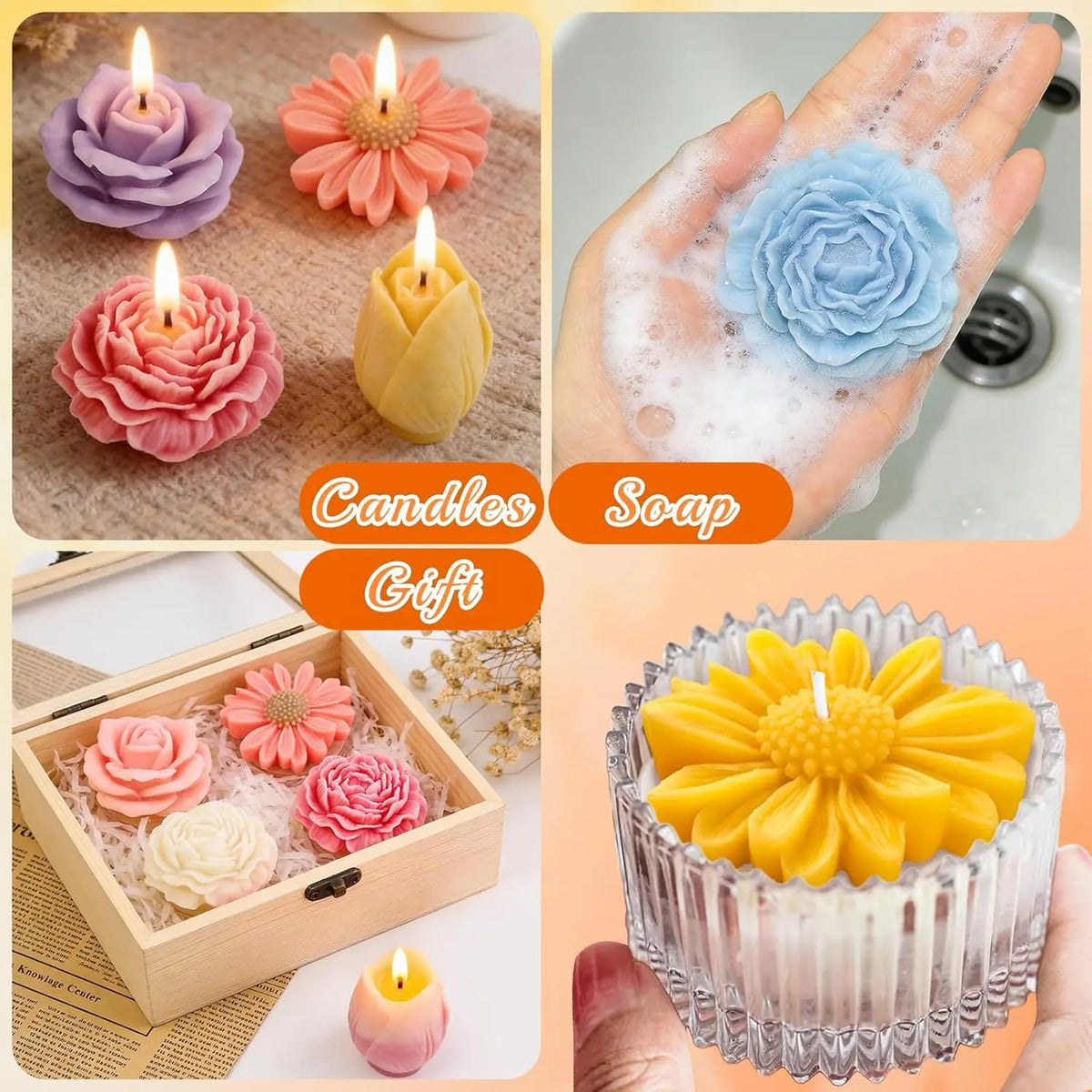 A set of four silicone flower molds in pink and yellow colors used for DIY crafts.